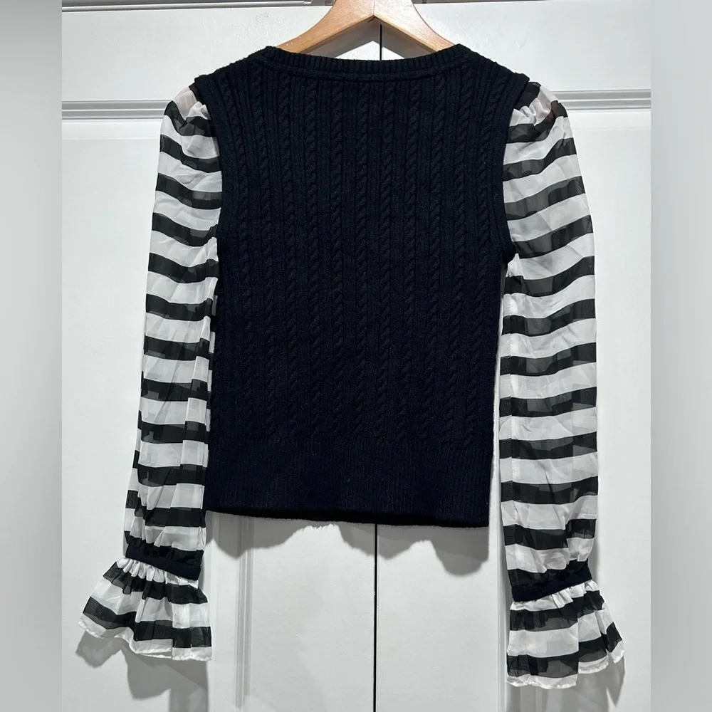 Maeve by Anthropologie Black and White Striped Sleeve sweater Top XSP - Picture 4 of 10